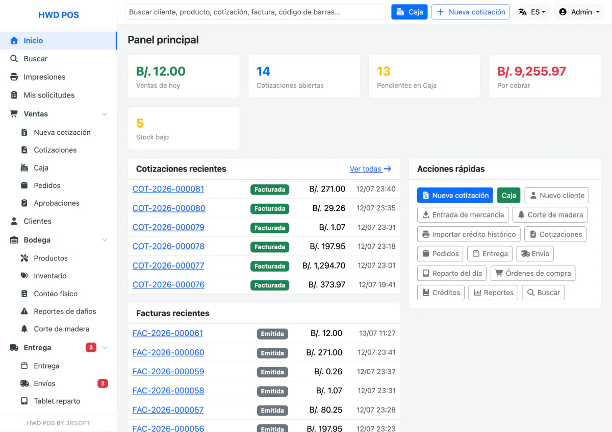Panel de HWD POS con ventas, cotizaciones, facturas, inventario y acciones rápidas