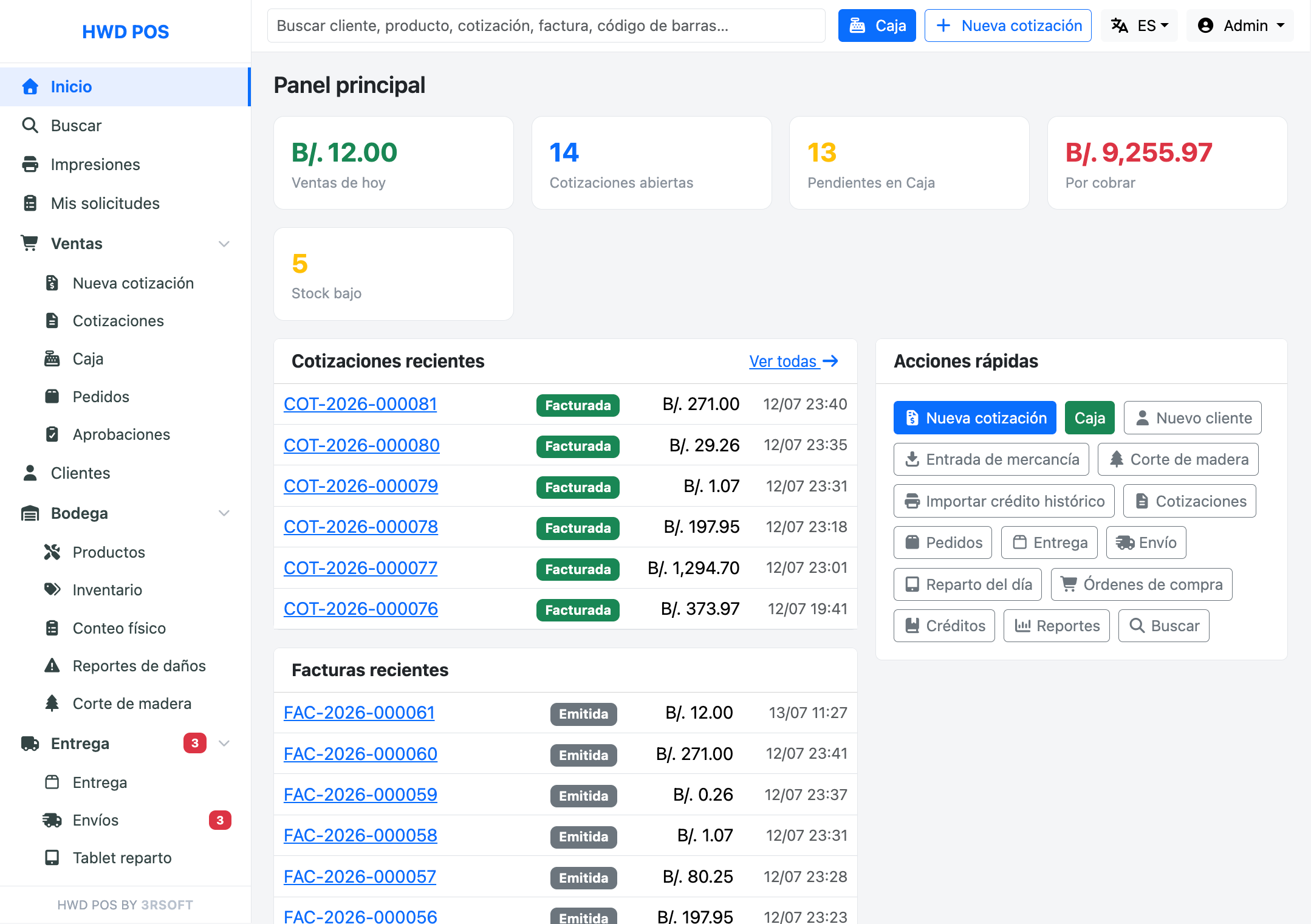 HWD POS dashboard showing sales, quotes, invoices, inventory and quick actions